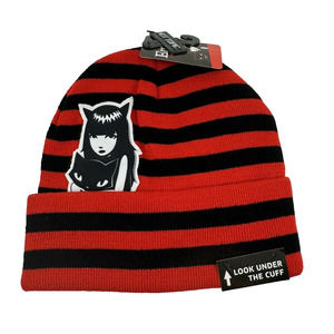 Emily The Strange Black & Red Stripe Peeking Beanie cap hat NWT